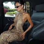 Leopard Print Halter Maxi Dress With Backless Silhouette Embellished Bandage Style