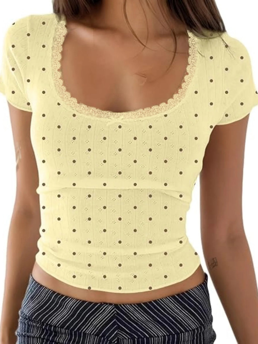 Y2K Polka Dot Crop Top With Lace Trim And Scoop Neck Short Sleeve Tee