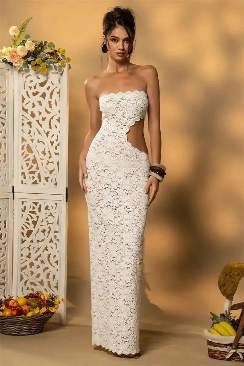 Elegant Off Shoulder Backless Lace Maxi Dress With Hollow Out Detailing