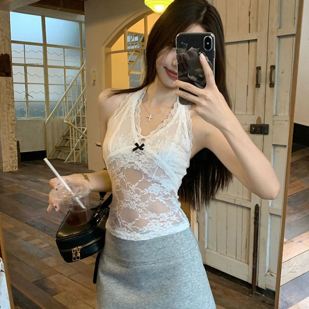 Mesh Lace Halter Vest Floral Camisole With Lace Up Detail