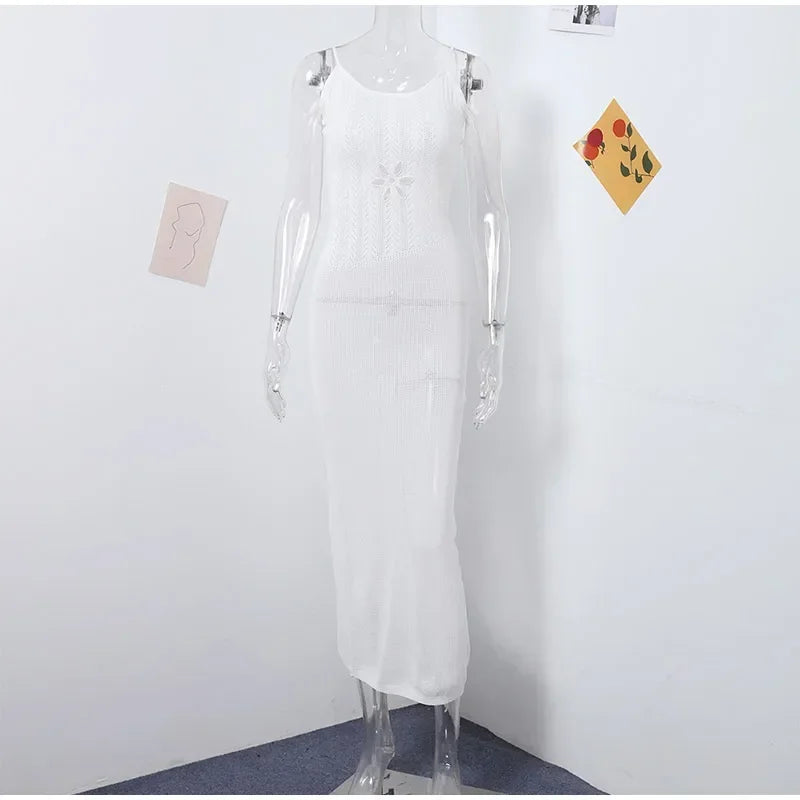Floral Knit Strap Maxi Dress Backless Beach Cover Up For Summer Vacation And Resort Style