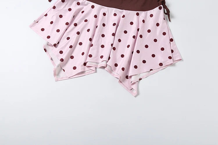 Pink Brown Two Piece Set With Polka Dot Cami And Ruched Mini Skirt