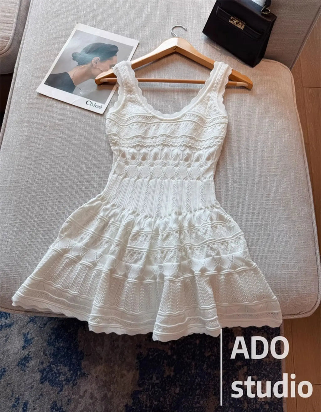 A Line Dress With Ruffled Knitted Vest For Women French Style