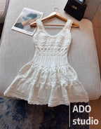 A Line Dress With Ruffled Knitted Vest For Women French Style