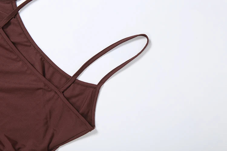 Pink Brown Two Piece Set With Polka Dot Cami And Ruched Mini Skirt