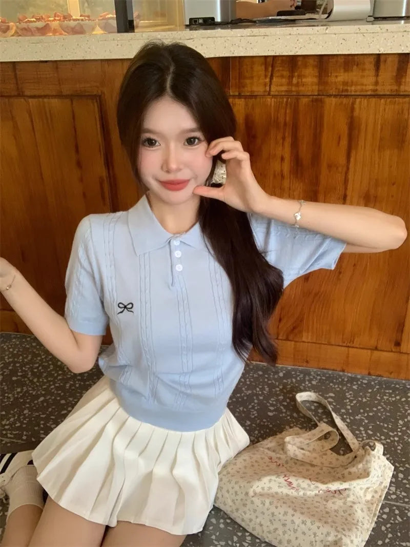 Sweet Bow Embroidered Knitted Polo Shirt For Women Short Sleeve