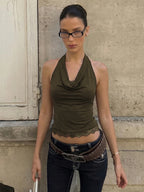 Backless Halter Knit Tank With Lace Up Details And Swing Collar
