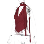 Halter V Neck Backless Crop Top With Lace Up Crystal Tassels