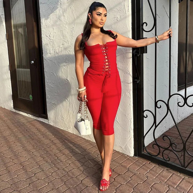 Two Piece Set For Women Sleeveless Tie Front Tank Top And Capri Pants