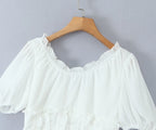 Sunlit Vintage Puff Sleeve V Neck White Chiffon Crop Top Blouse