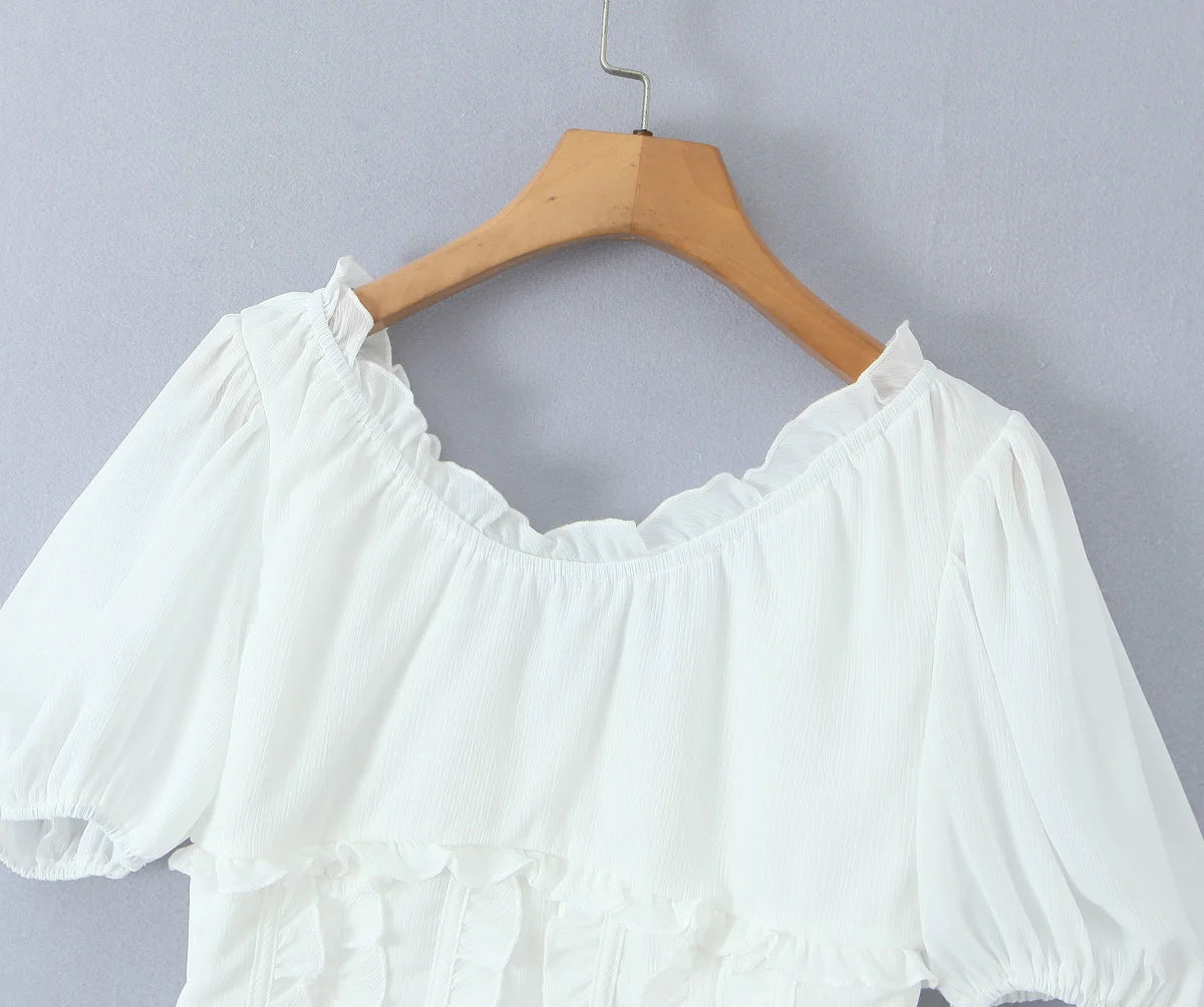 Sunlit Vintage Puff Sleeve V Neck White Chiffon Crop Top Blouse