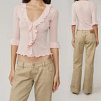 French-Style Ruffled Knit Top With Deep V-Neck Ruched Lace Tie-Up Cuff Short Waist-Exposing Silhouette