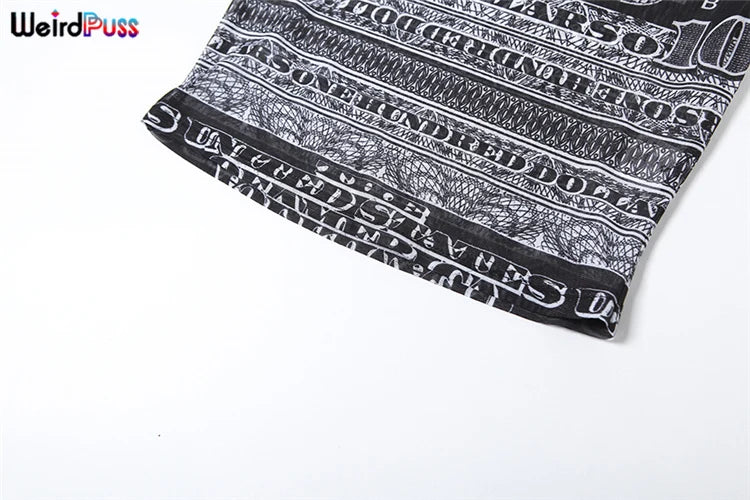 See Through Patchwork Crop Top With Numeral Print Short Sleeves