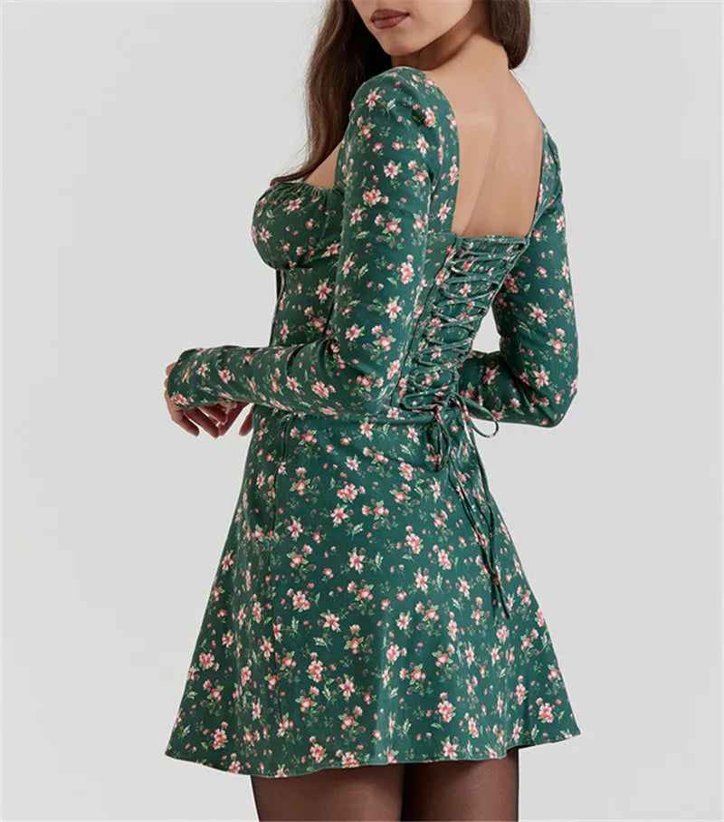 Women Lace Bodycon Mini Square Neck Long Sleeve Bustier Dress