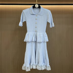 Lace Patchwork Dress With Ruffle Layers And Short Sleeves