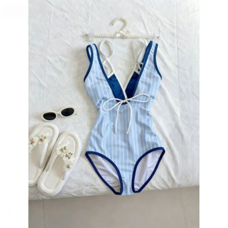 Blue And White Striped One Piece Swimsuit For Summer Vacation Chic Slim Fit Beachwear