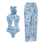 3D Flower Cutout One Piece Swimsuit With Skirt Push Up Slimming Beachwear