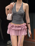 Sweet 2-Piece Set Women Halter Backless 3D Decoration Top+Folds Tassel Elastic Waist Skirt