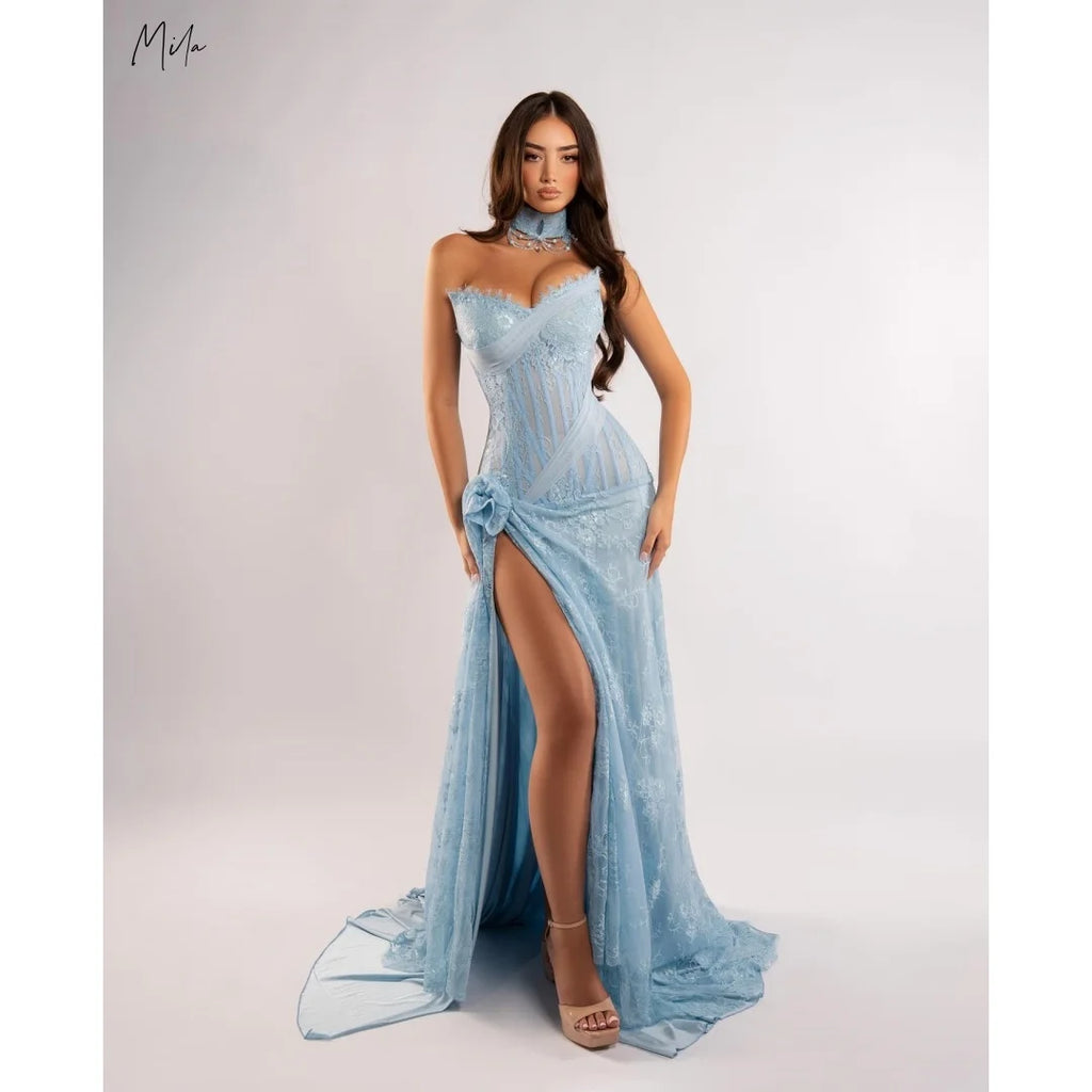 Light Blue Strapless Evening Gown With Lace Sequin Embellishments And High Slit Detail