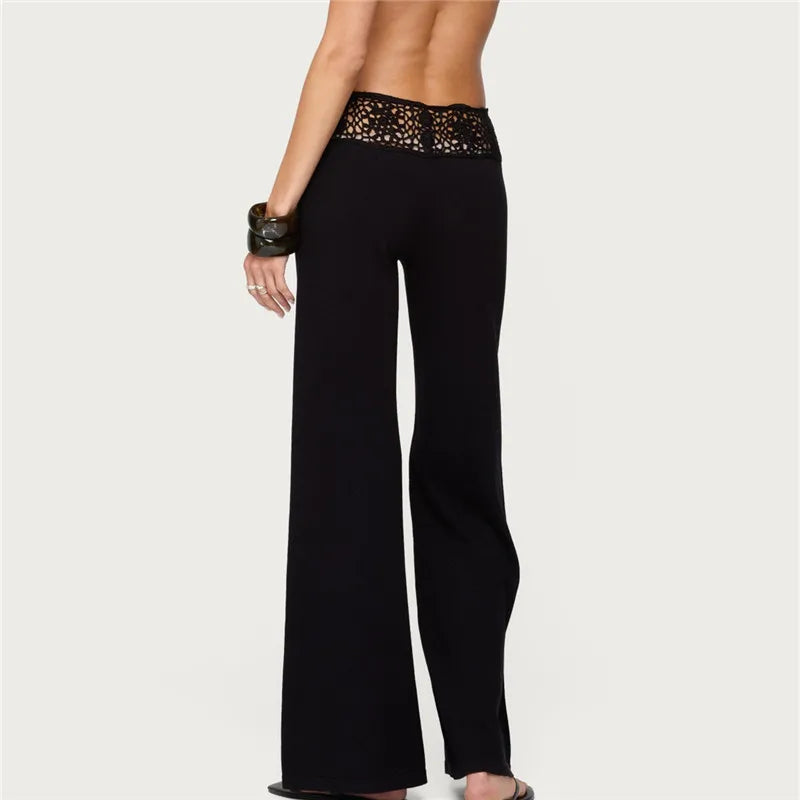 Crochet Knit Pants With Wide Leg And Elastic Waist Hollow Out
