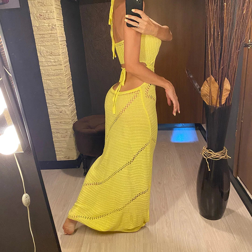 Sexy Halter Tummy Cut Out Crochet Knitted Tunic Dress