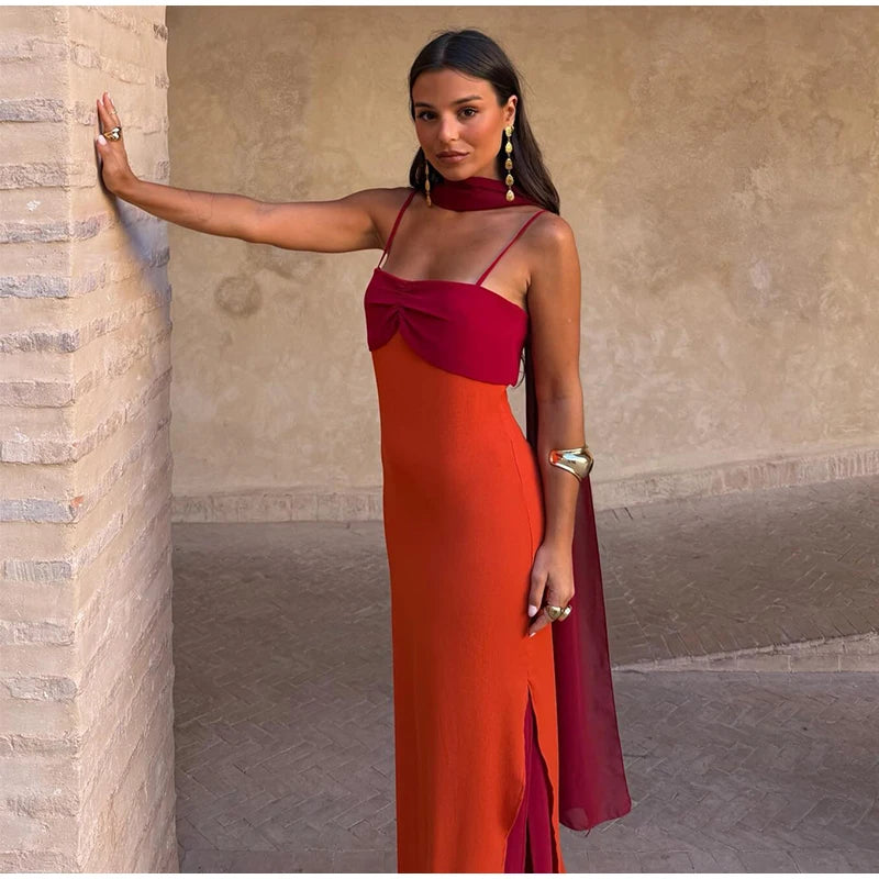 Orange Color Blocking Scarf Collar Maxi Dress For Lady Sleek Cinched Waist Bodycon Silhouette