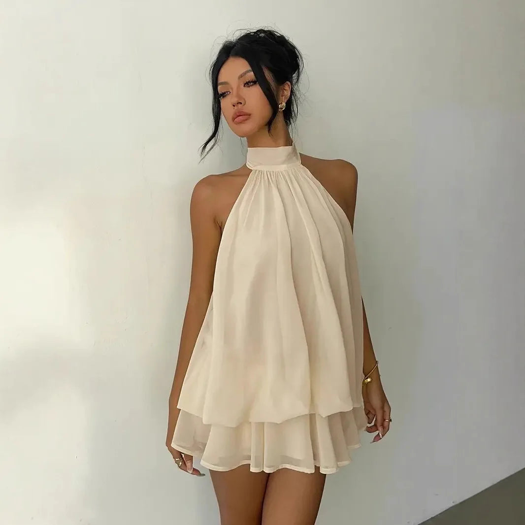 Women's Halter Neck Chiffon Mini Dress - Backless Tie-Front