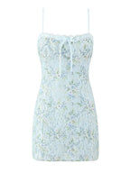 Sweet Floral Print Lace Patchwork Mini Sexy Slim Backless Strap Short Dress