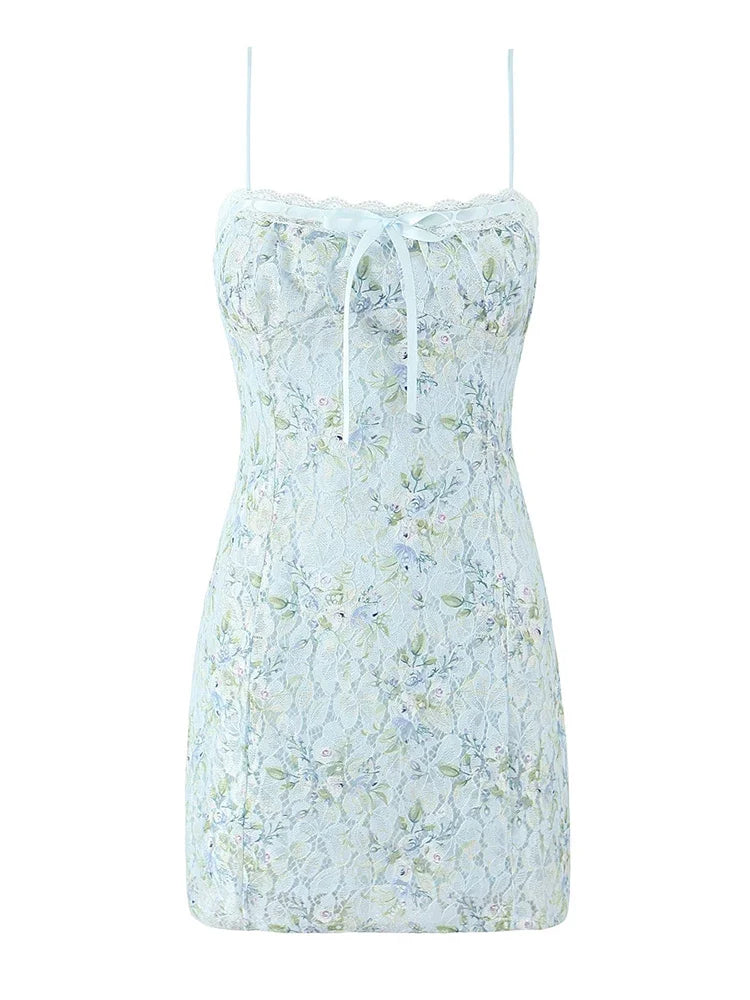Sweet Floral Print Lace Patchwork Mini Sexy Slim Backless Strap Short Dress