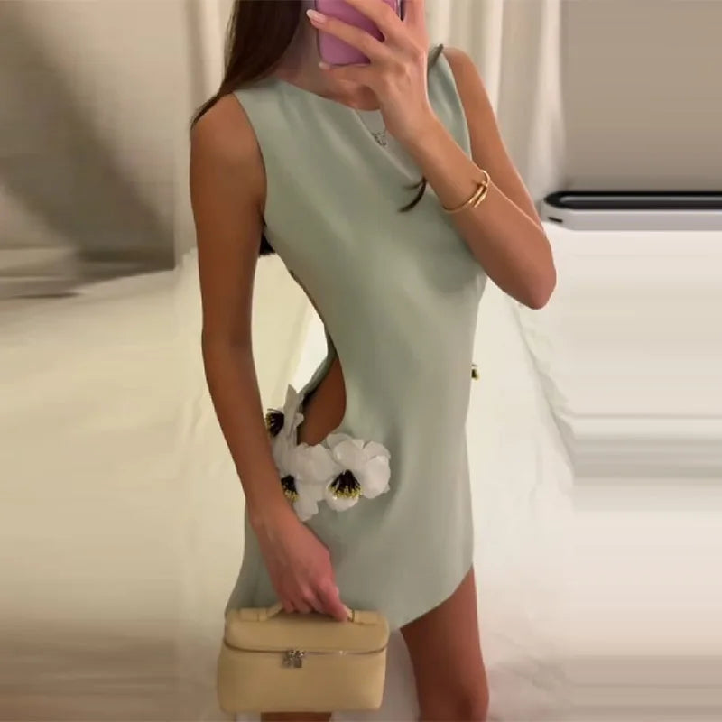 Lady 3D Flower Sleeveless Mini Dress Light Green