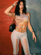 Vibrant Colorful Print Two Piece Summer Set With Sleeveless Bodysuits And Peach Shorts