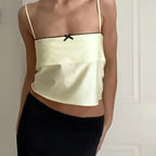 Retro Aesthetic Satin Cami Top With Bowknot Front Spaghetti Straps Cropped