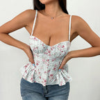 Floral Print Coquette Crop Corset Top With Spaghetti Straps And Ruffle Hem