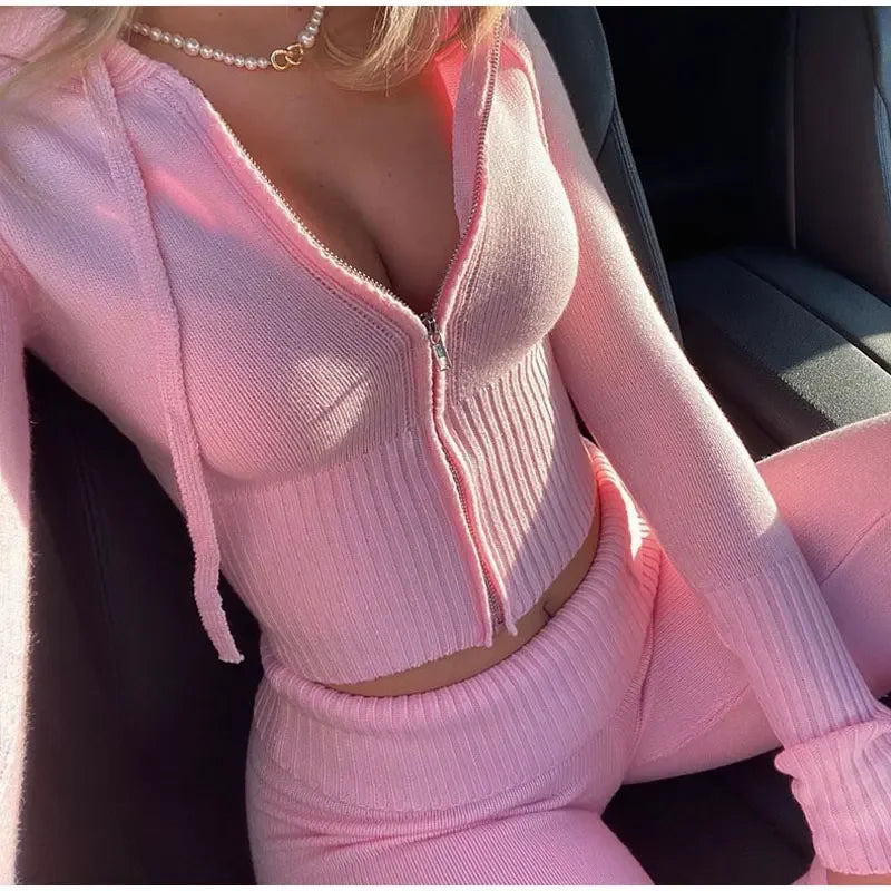 Ribbed Knit Two Piece Tracksuit Set With Hooded Crop Top And Elastic Zippered Pants