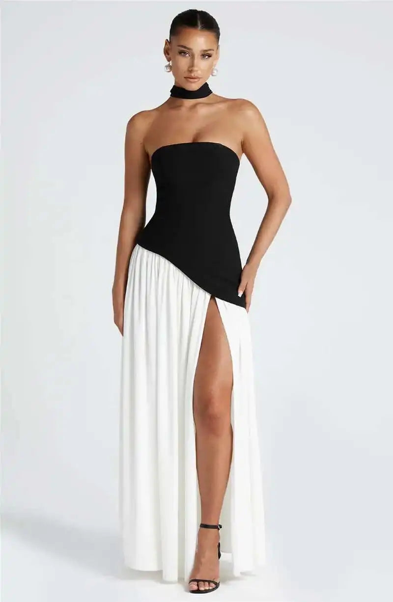 Elegant Off-Shoulder Evening Gown With Patchwork Pleats And Scarf Neck High Split Long Dress