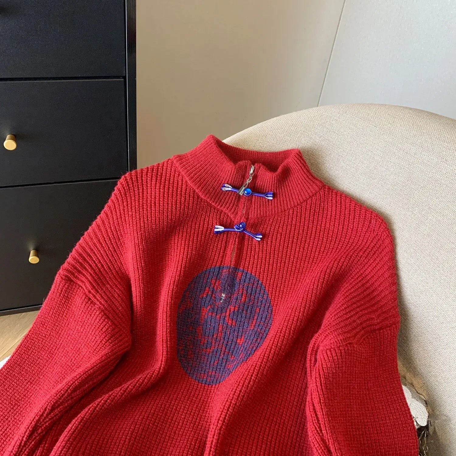 Vintage Knit Sweater With V Neck And Loose Fit