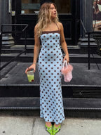 Blue Polka Dot Halter Maxi Dress For Women Color Block Backless Lace Up