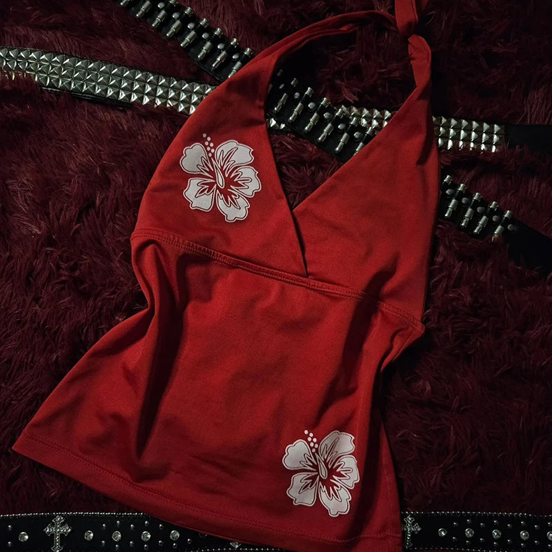 Harajuku Floral Halter Top With Backless Sleeveless V Neck Tank