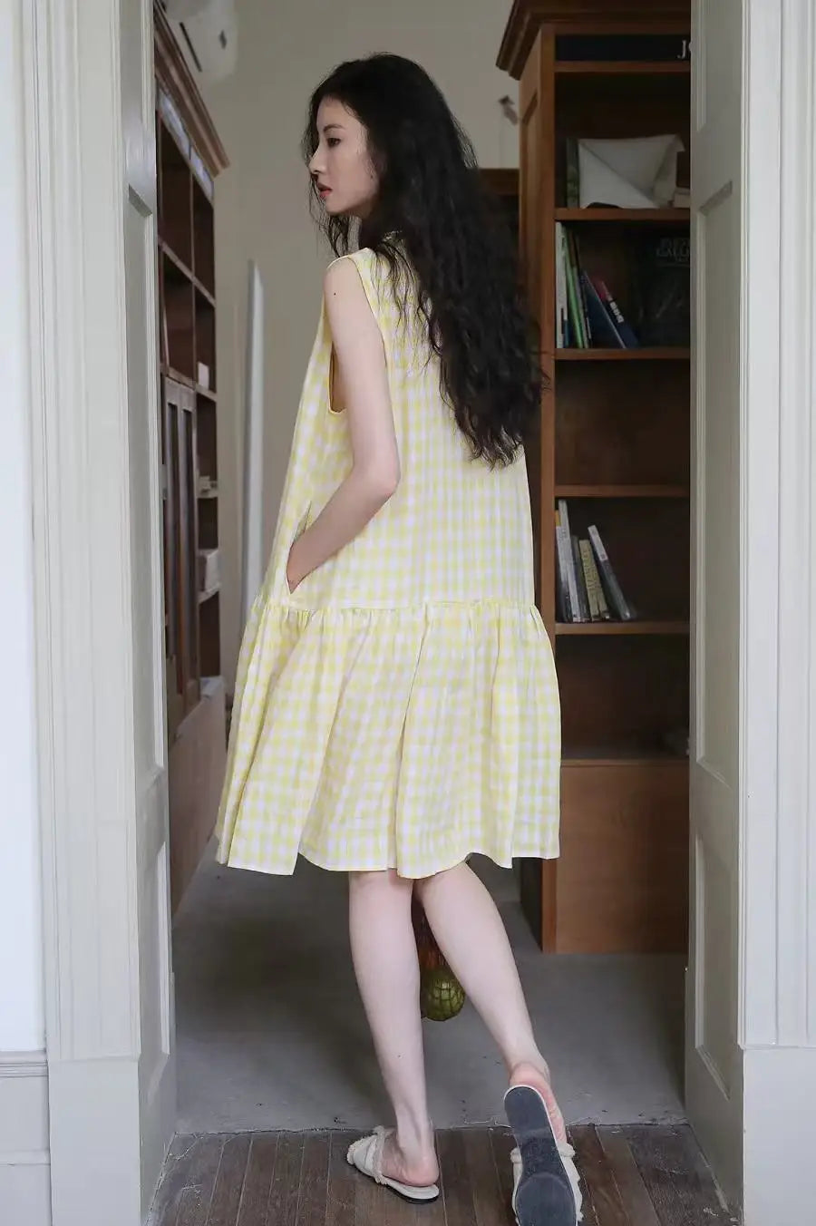 Sunny Plaid Cotton Dress Sleeveless Round Neck Vacation Dress