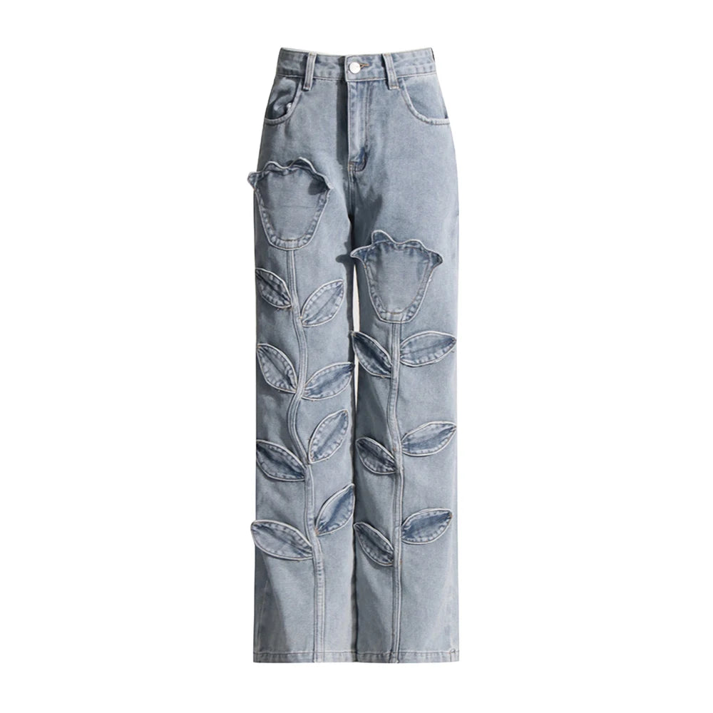 Floral Design Sense Casual Denim Trousers For Women High Waist Spliced Button  Loose Wide Leg Pants