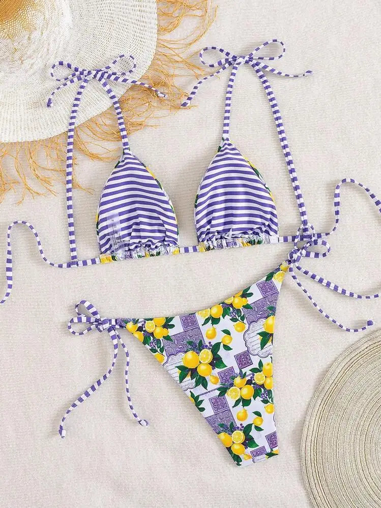 Sexy Fruits Pprint Striped Bikinis Set Two-pieces Back Tie Thong