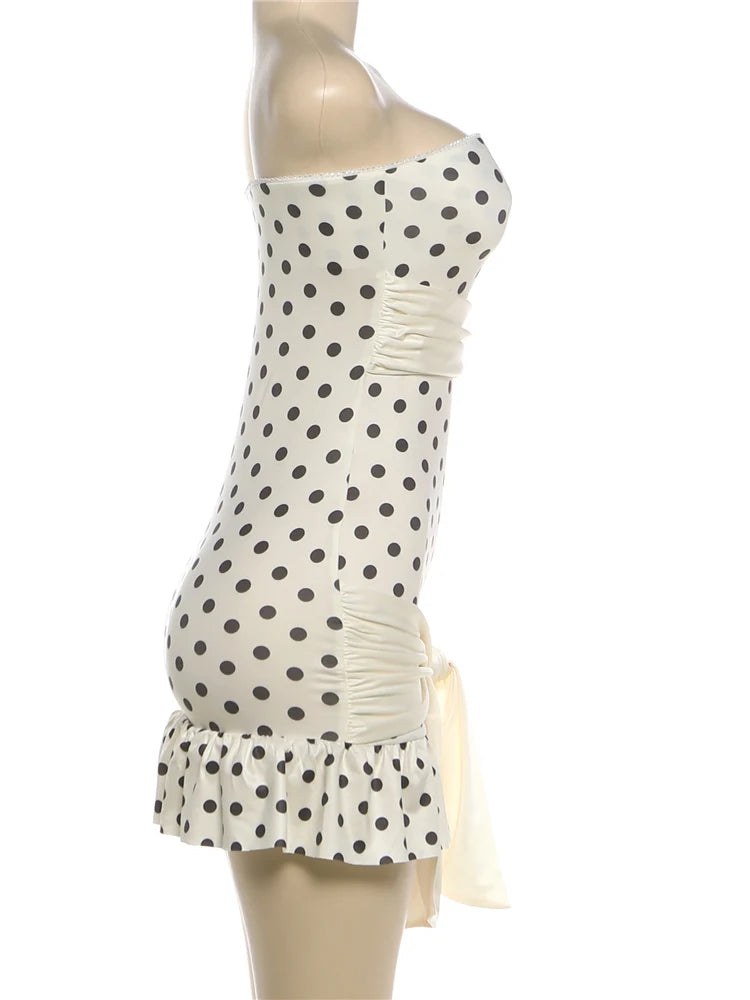 White Polka Dot Strapless Backless Tassel Bodycon Mini Dress