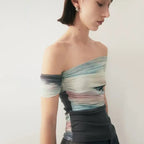 Bold Tie Dye Mesh Crop Top With Slash Neck And Patchwork
