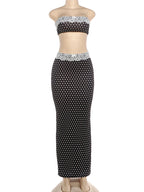 Black Lace Patchwork Two Piece Set With Backless Tube Top And Polka Dot Skirt