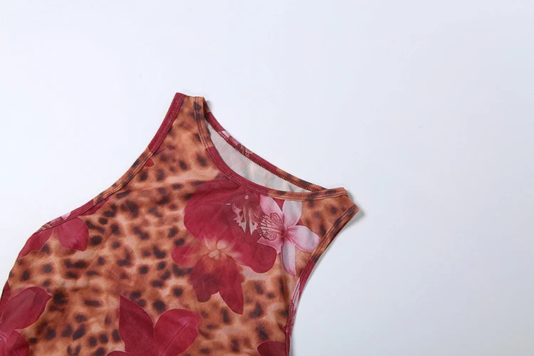 Leopard Print Mesh Patchwork Dress With Ring Details