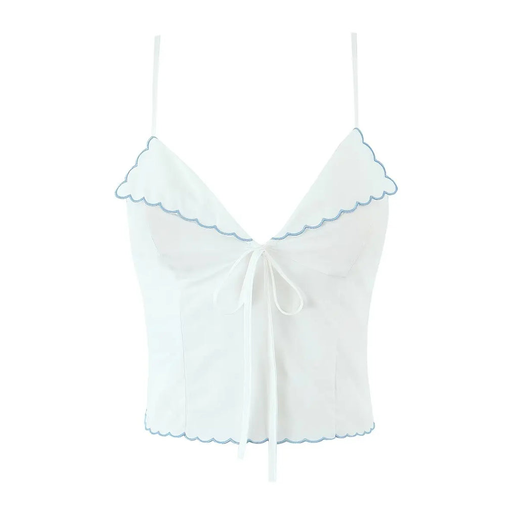 Wave Edged White Camis Sexy Bow V Neck Cotton Slim Crop Top