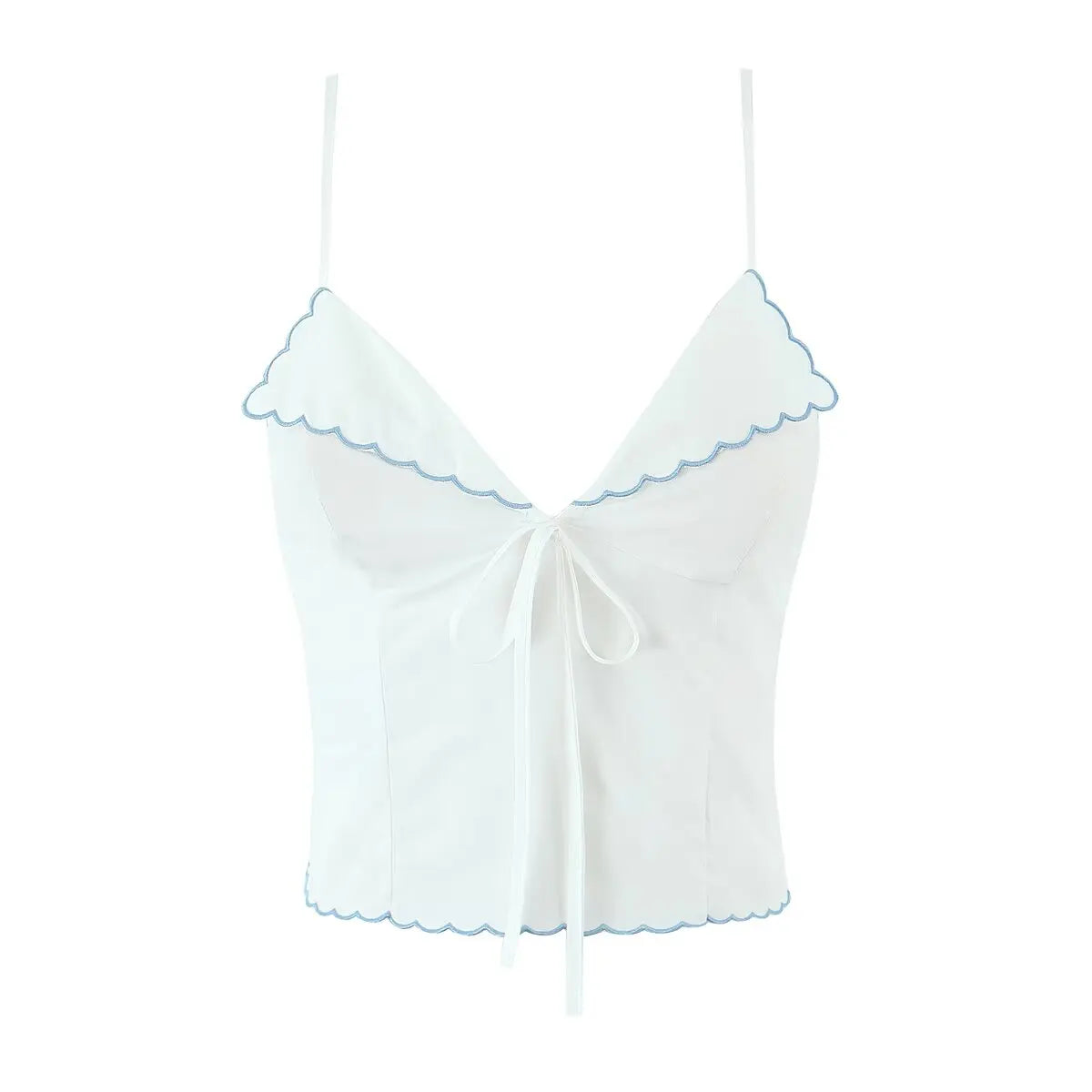 Wave Edged White Camis Sexy Bow V Neck Cotton Slim Crop Top