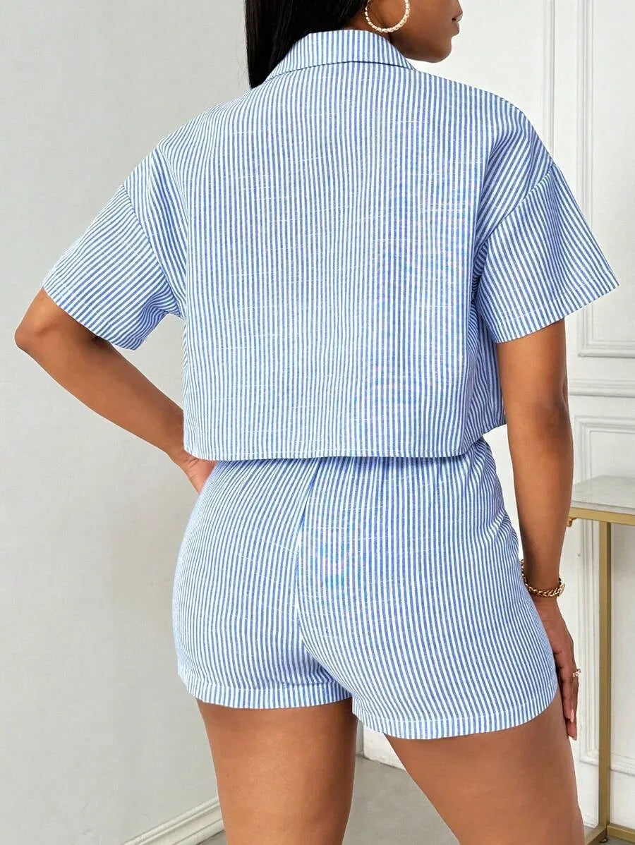 Striped Lapel Shirt And Shorts Two Piece Set