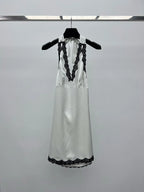 Satin Halter Mini Dress With V Neck And Polka Dot Lace Trim Backless