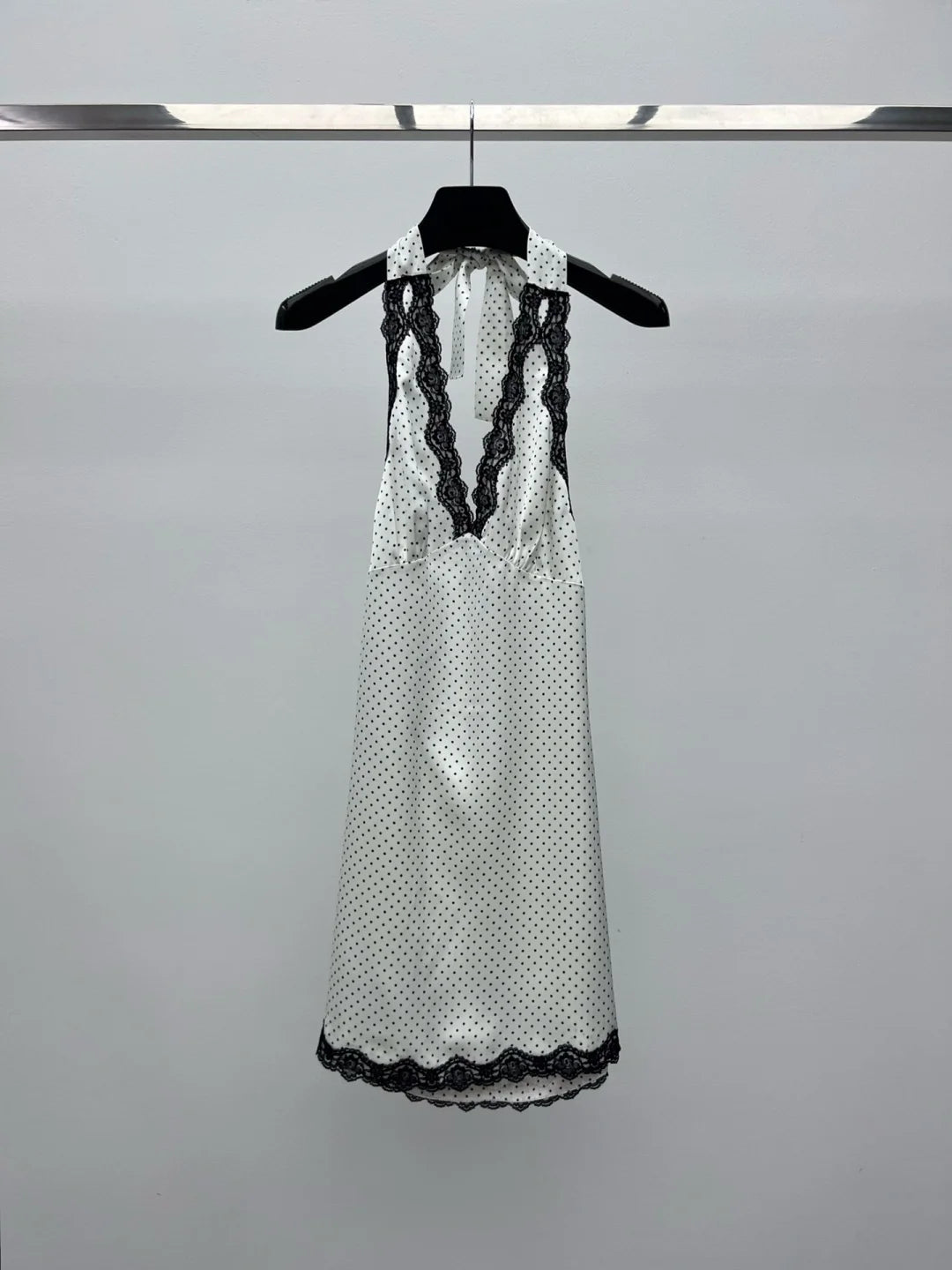 Satin Halter Mini Dress With V Neck And Polka Dot Lace Trim Backless
